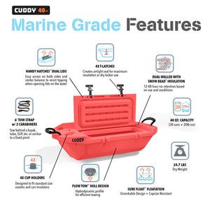 CUDDY Floating Cooler and Dry Storage Vessel – 40QT – Amphibious Hard Shell Design, Coral