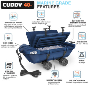 Cuddy 40 QT Floating Cooler and Dry Storage Vessel with Cuddy Crawler Wheel Kit - Navy