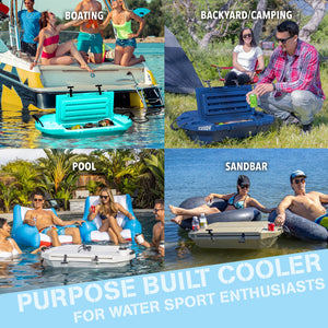 four panel displaying cooler being used in pool, sandbar, boating, and backyard