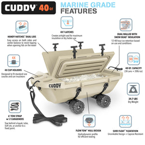 Cuddy 40 QT Floating Cooler and Dry Storage Vessel with Cuddy Crawler Wheel Kit - Tan