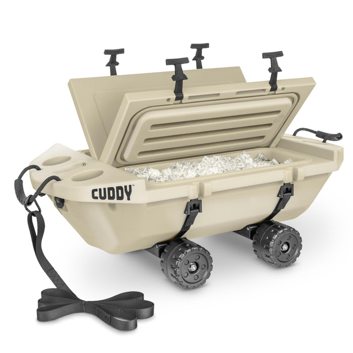 Cuddy 40 QT Floating Cooler and Dry Storage Vessel with Cuddy Crawler Wheel Kit - Tan
