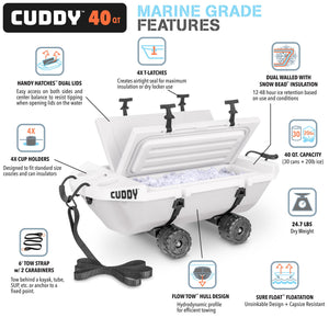 Cuddy 40 QT Floating Cooler and Dry Storage Vessel with Cuddy Crawler Wheel Kit - White