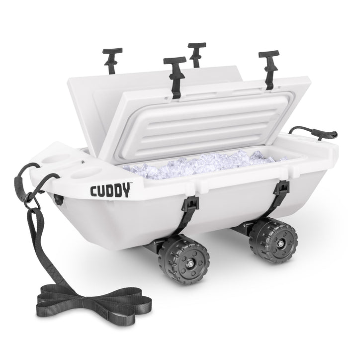 Cuddy 40 QT Floating Cooler and Dry Storage Vessel with Cuddy Crawler Wheel Kit - White