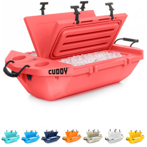 Cuddy cooler with ice, cup holders, tie down slots, and a detachable strap.