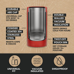 DUALIE Lower Deckie - Insulated 12 oz Can Cooler with Pouch Container - Universal Drink Holder with Built-in Pouch Bin - Burnt Red-GoSportsOutdoors.com