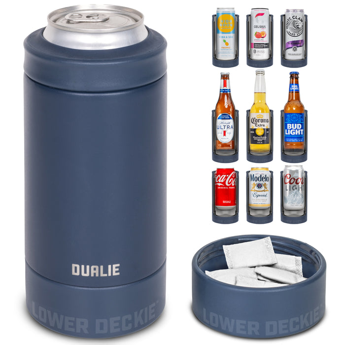 DUALIE Lower Deckie - Insulated 12 oz Can Cooler with Pouch Container - Universal Drink Holder with Built-in Pouch Bin - Navy