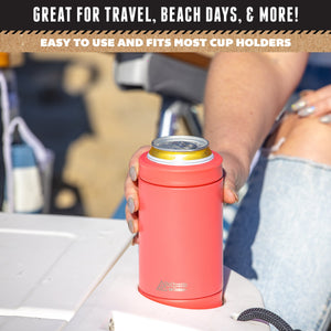 woman holding a coral color can cooler on top of a white cooler