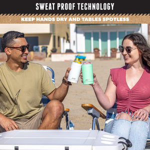 man and a woman sitting in a beach holding white and sea foam can cooler 