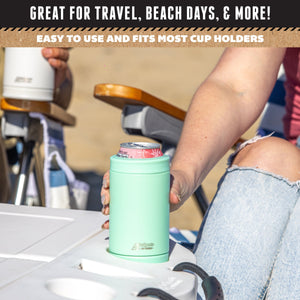 woman holding sea foam can cooler on top of cooler