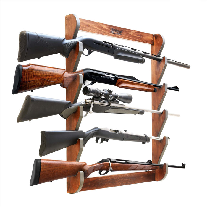 GoSports Outdoors Wall Mounted Firearm Display Rack with Premium Wood Stain - Holds 5 Rifles or Shotguns